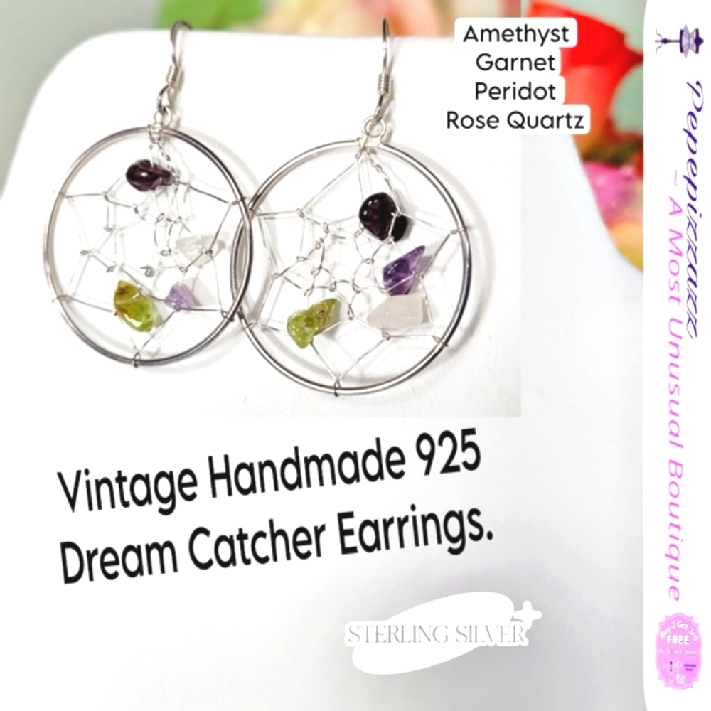 VTG .925 sterling silver DREAM CATCHER earrings W genuine amethyst peridot+ Boho